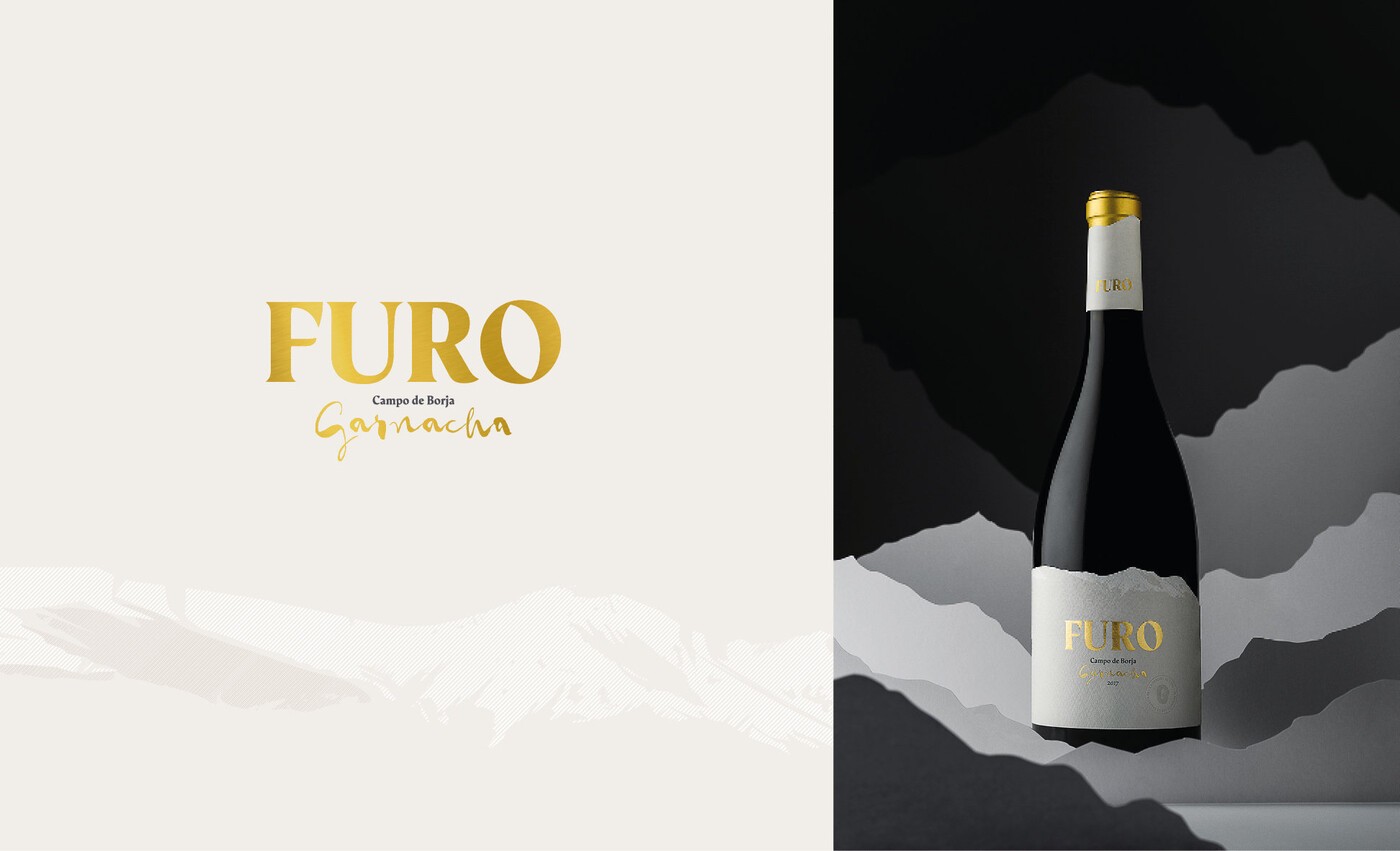 Logo de la marca de vino Furo a la izquierda, y foto de la botella de Furo a la derecha