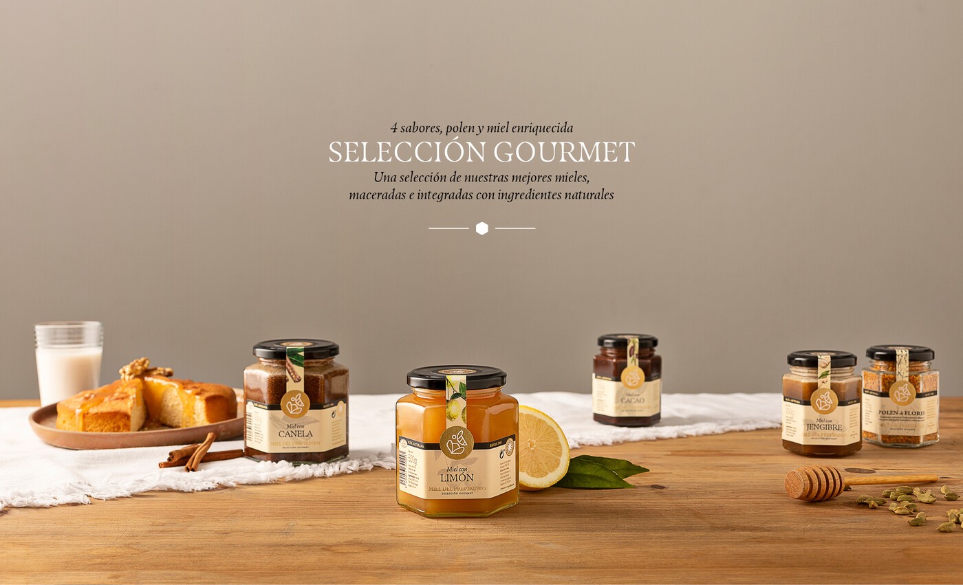 Packaging de la gama de mieles gourmet del para la miel del Prepirineo de Apícola Cinco Villas