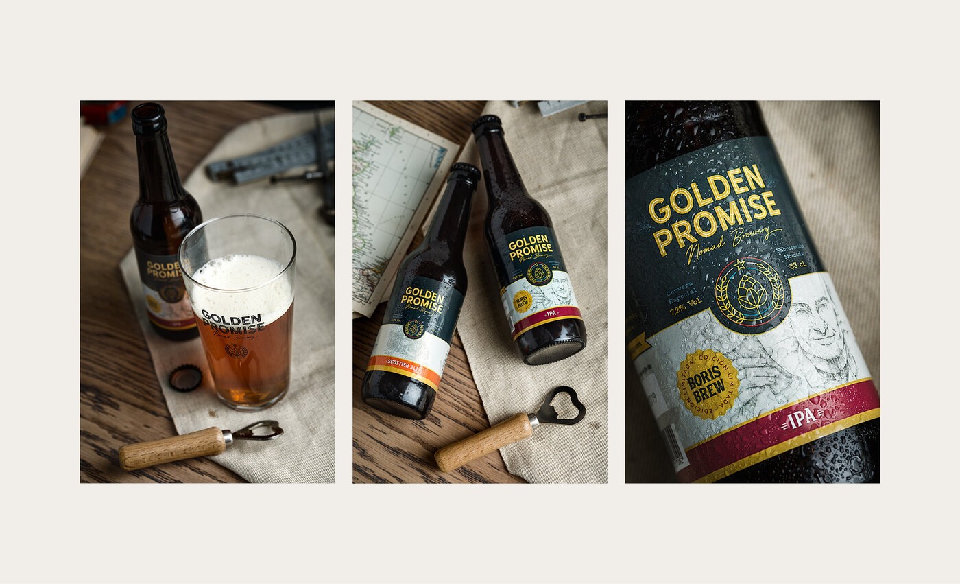 Tríptico de imágenes del diseño y la etiqueta de la cerveza Golden Promise