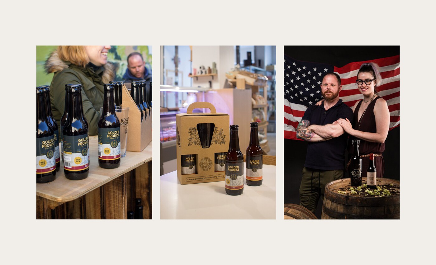 Imágenes de la presencia de Golden Promise en mercado de artesanía, y foto de los fundadores de la cerveza Alex Mabry y Pilar Sopesens