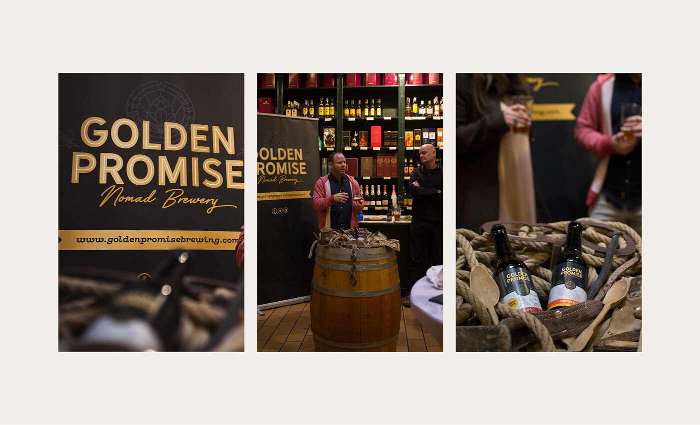 Tríptico de imágenes de la presentación de la cerveza Golden Promise en Zaragoza