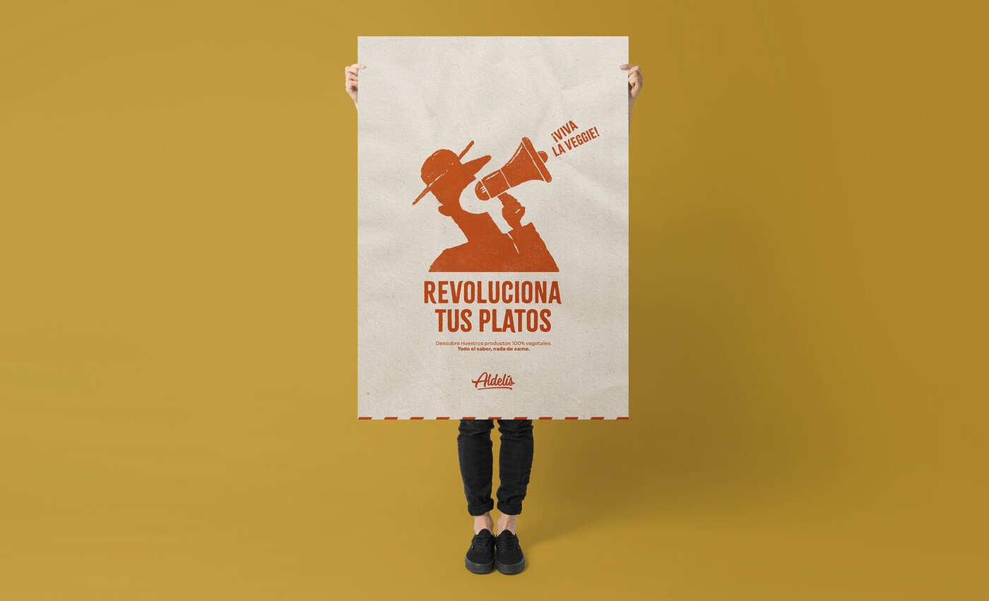 Diseño de cartel con la ilustración de un agricultor con megáfono, diseñado para la promoción de la marca de productos vegetarianos Viva La Veggie de Aldelis