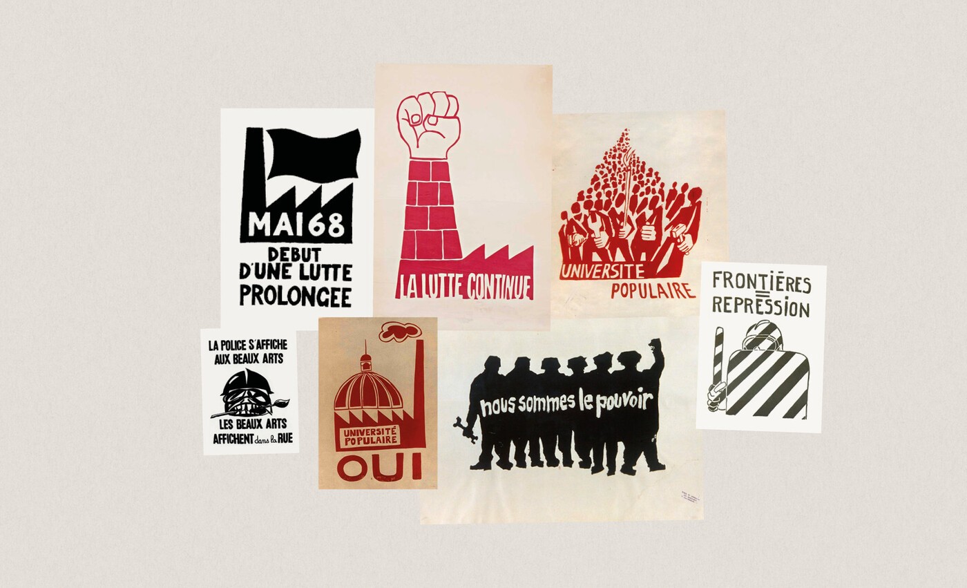 Collage de carteles de propaganda de la revolución de Mayo del 68 en Francia
