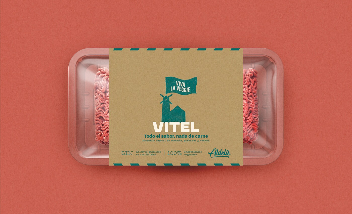 Vista frontal del diseño y packaging para productos vegetarianos de la marca Viva La Veggie, de Aldelís