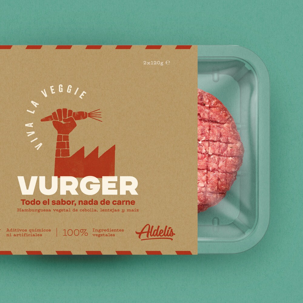 Detalle del diseño y packaging para las hamburguesas vegetarianas de la marca Viva La Veggie, de Aldelís