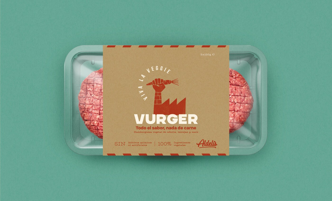 Vista frontal del diseño y packaging para las hamburguesas vegetarianas de la marca Viva La Veggie, de Aldelís