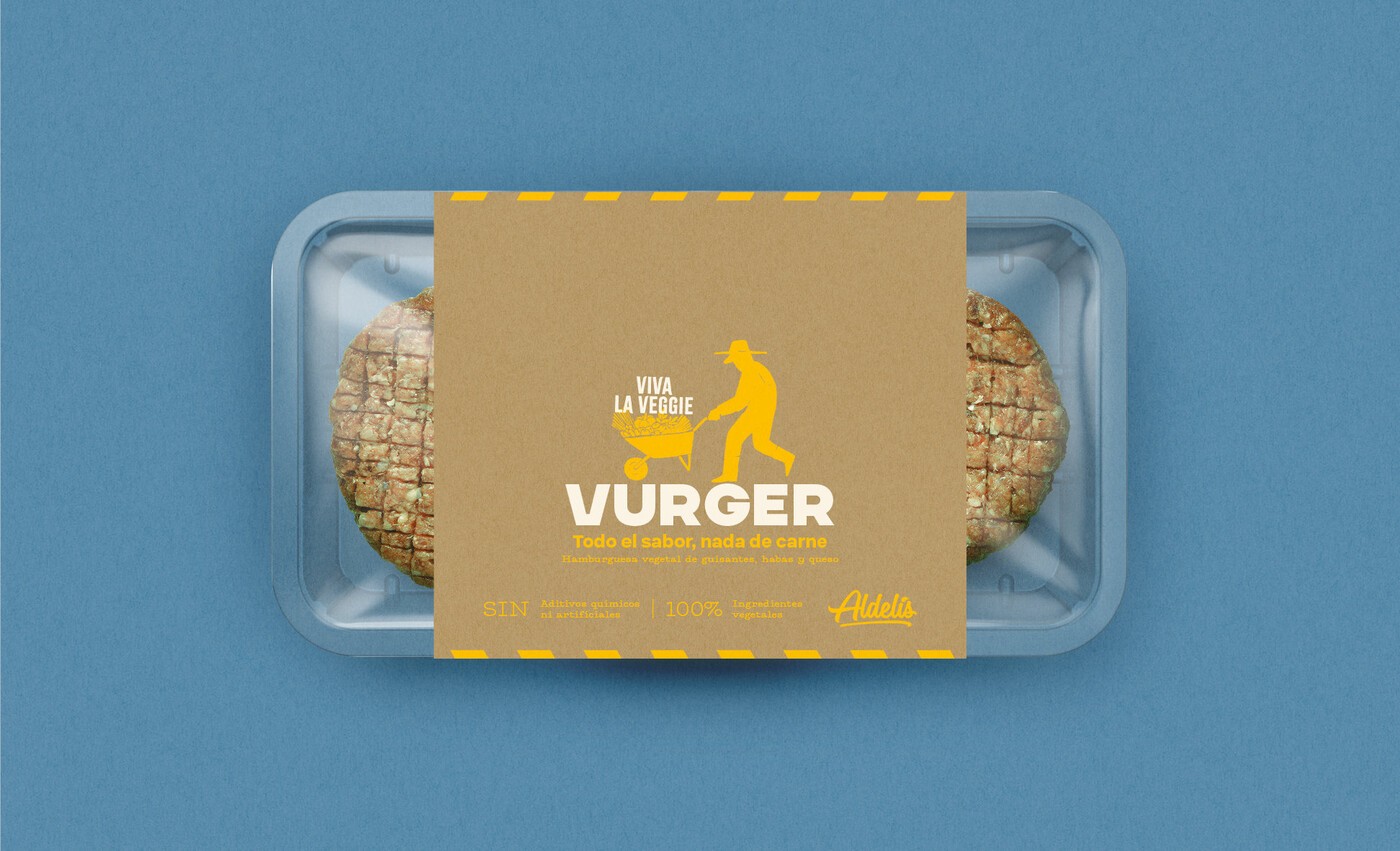 Vista frontal del diseño y packaging para las hamburguesas vegetarianas de la marca Viva La Veggie, de Aldelís