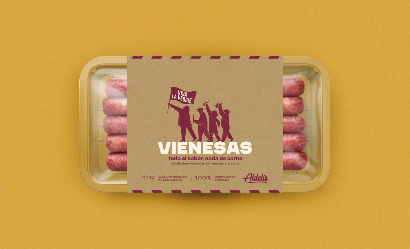 Vista frontal del diseño y packaging para salchichas vegetarianas de la marca Viva La Veggie, de Aldelís