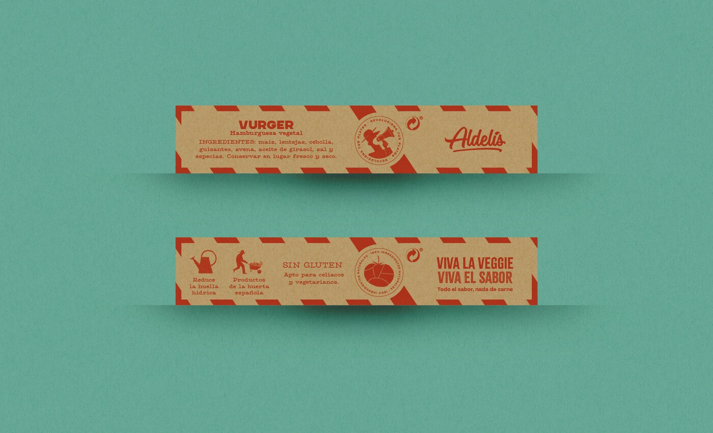 Vista lateral del diseño y packaging para las hamburguesas vegetarianas de la marca Viva La Veggie, de Aldelís